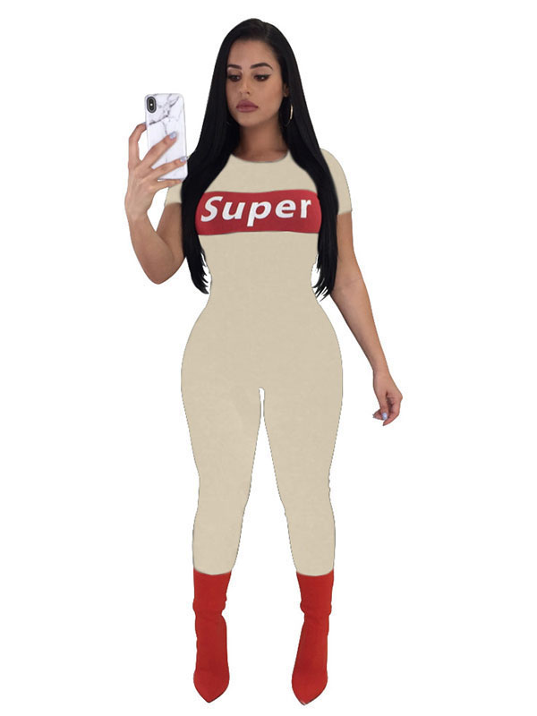 Front Letter Print Solid Short Sleeve Jumpsuit White