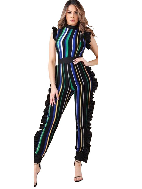 Green Sleeveless Ruffle Side Striped Jumpsuit Women