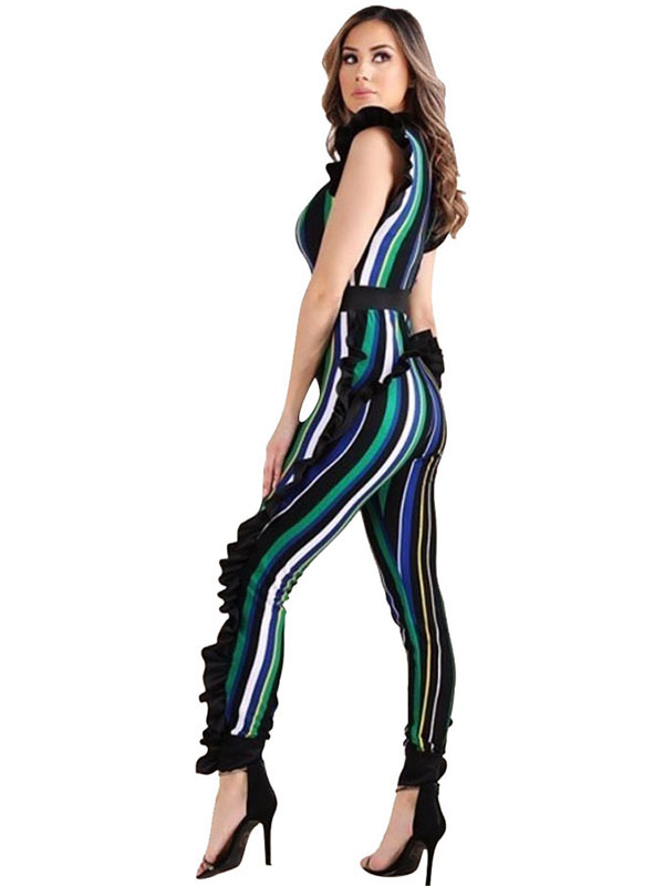Green Sleeveless Ruffle Side Striped Jumpsuit Women