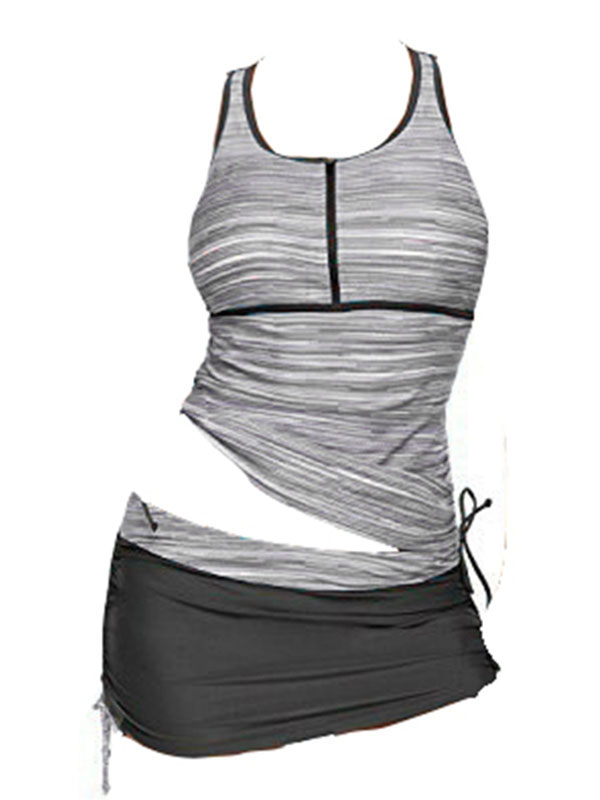 Grey 2Pcs Sleeveless Striped Top With Skirt Bikini Bottom Swimwear 