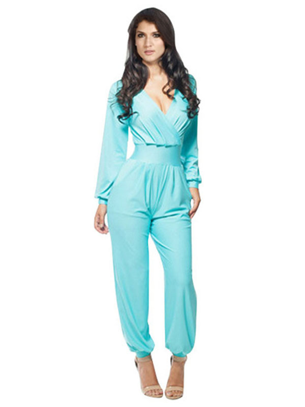 Light Blue One Piece Jumpsuit Wide Leg V-Neck Long Sleeve Suit
