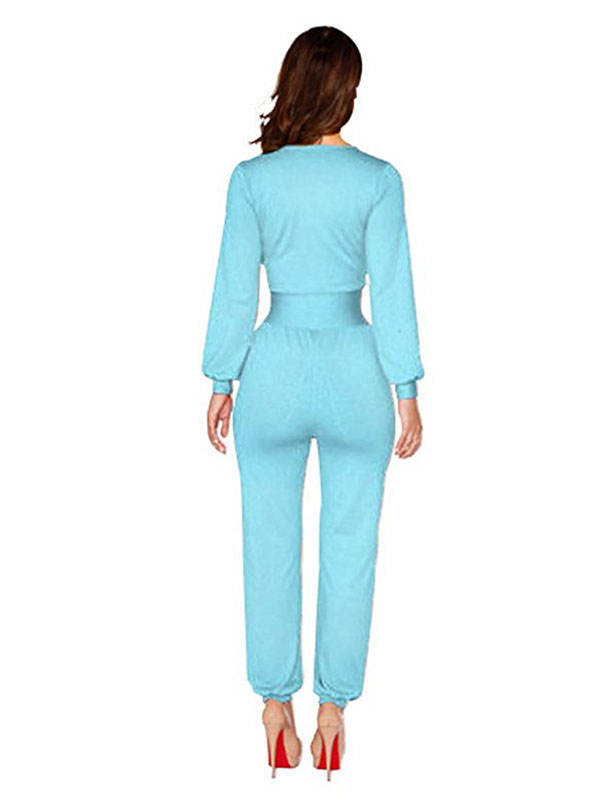 Light Blue One Piece Jumpsuit Wide Leg V-Neck Long Sleeve Suit