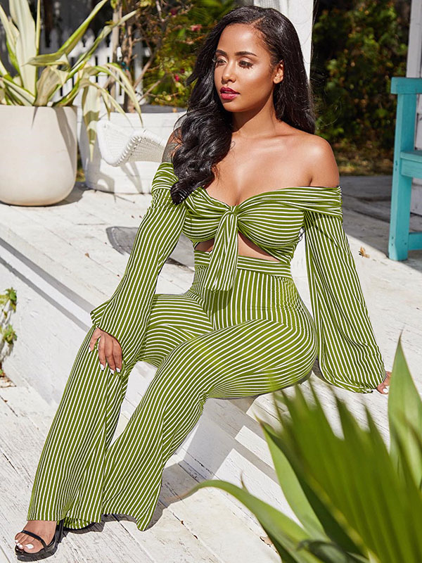 Lovely Sexy Bateau Neck Striped Green Two Piece Pants Set