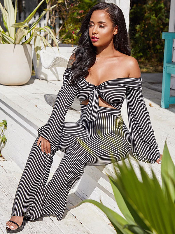 Lovely Sexy Bateau Neck Striped Grey Two Piece Pants Set