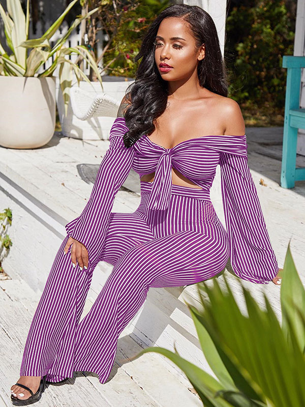 Lovely Sexy Bateau Neck Striped Purple Two Piece Pants Set