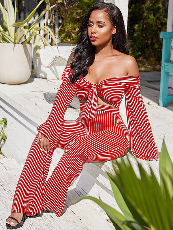Lovely Sexy Bateau Neck Striped Red Two Piece Pants Set