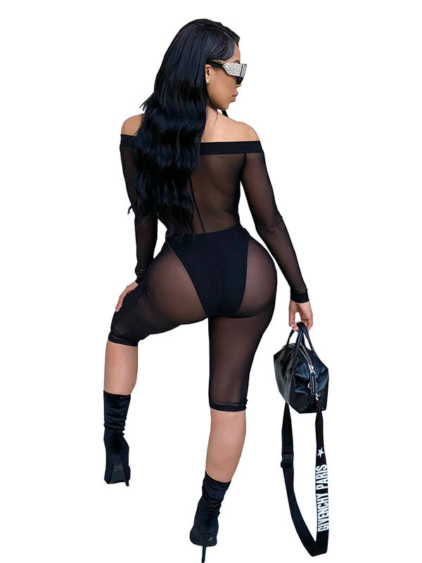 Off Shoulder Long Sleeve See Through Jumpsuit 