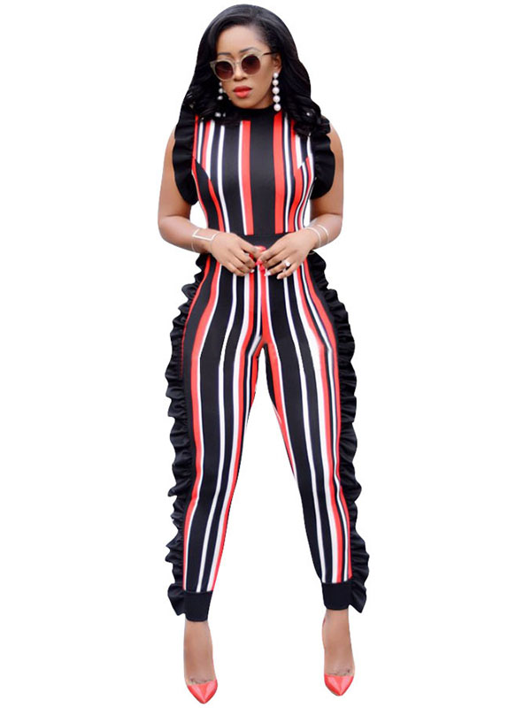 Orange Sleeveless Ruffle Side Striped Jumpsuit Women