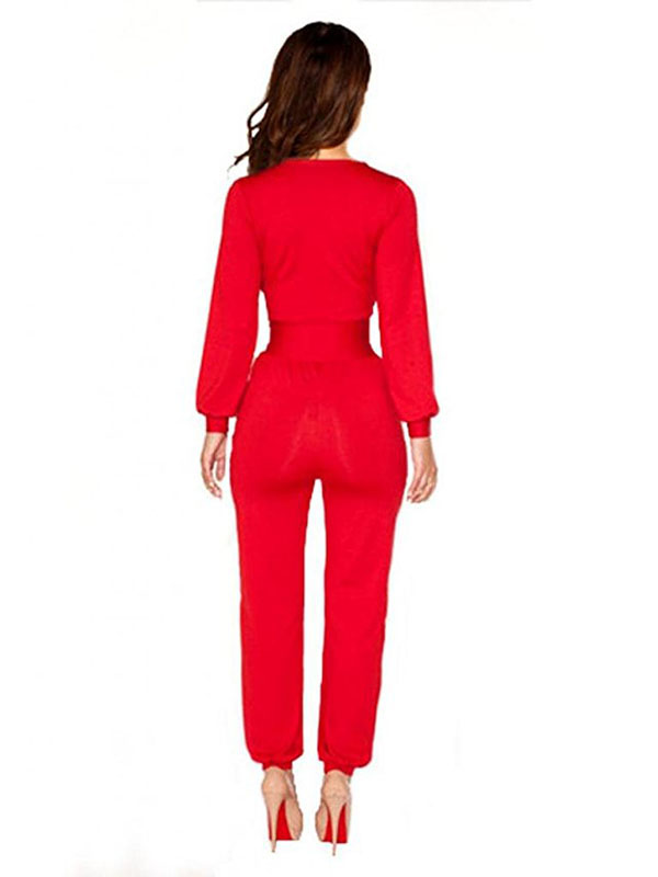 Red One Piece Jumpsuit Wide Leg V-Neck Long Sleeve Suit