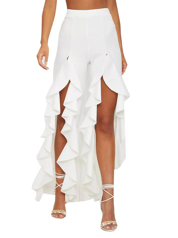 Ruffle Wide Leg Open Front Long Trousers White