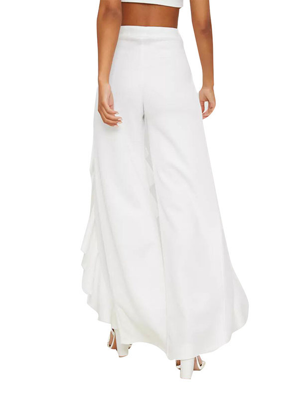 Ruffle Wide Leg Open Front Long Trousers White