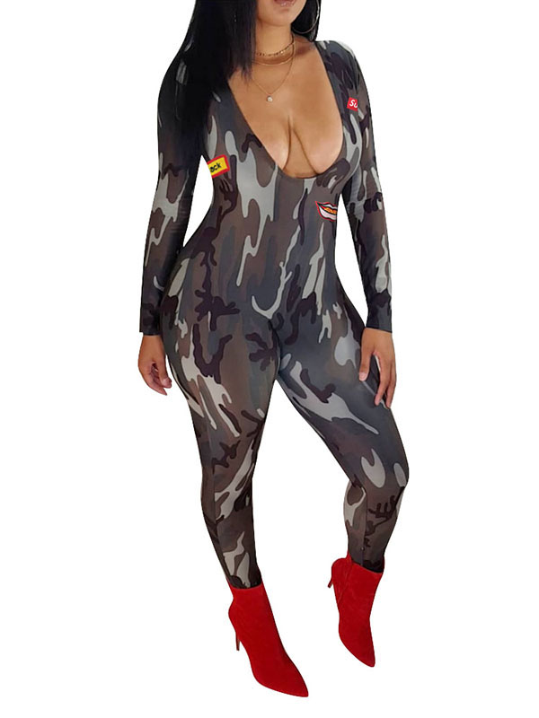 Sexy Deep V-neck Long Sleeve Camo Jumpsuit With Lip Pattern