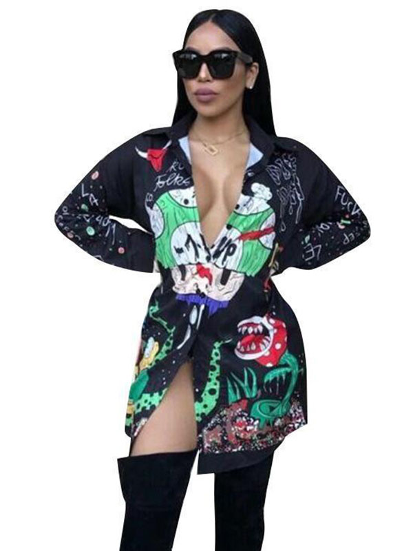 Sexy Deep V-neck Long Sleeve Printing Mini Dresses