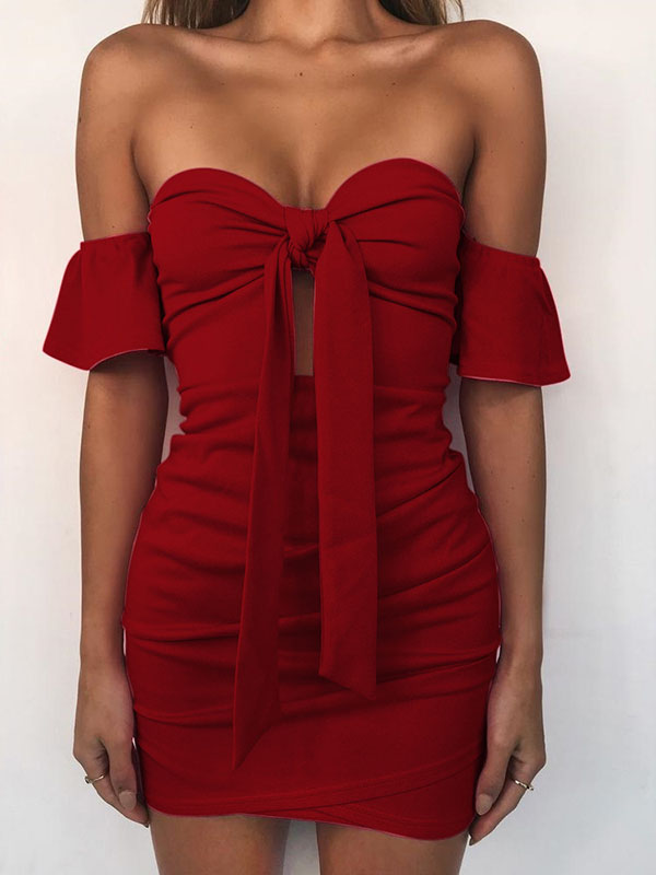 Sexy Wine Red Off Shoulder Bowknot Short Sleeve Hip Wrapped Dress 