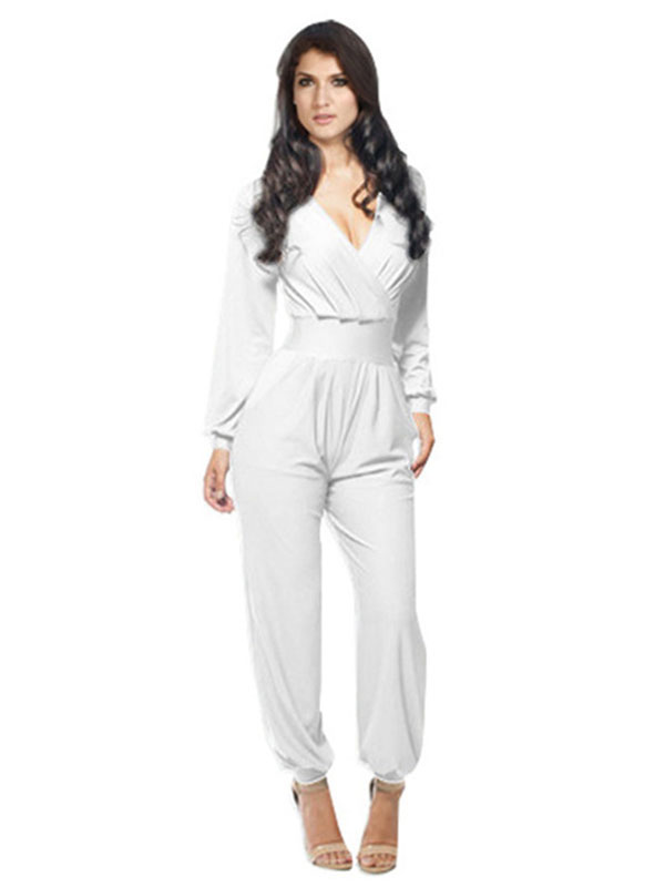 White One Piece Jumpsuit Wide Leg V-Neck Long Sleeve Suit