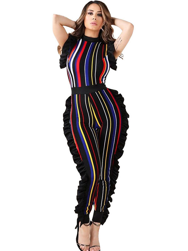 Wine Red Sleeveless Ruffle Side Striped Jumpsuit Women