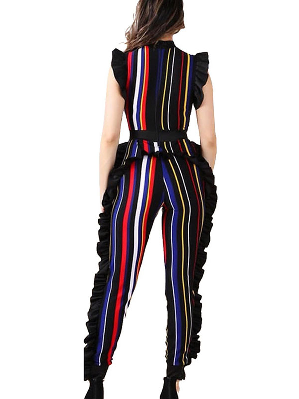 Wine Red Sleeveless Ruffle Side Striped Jumpsuit Women