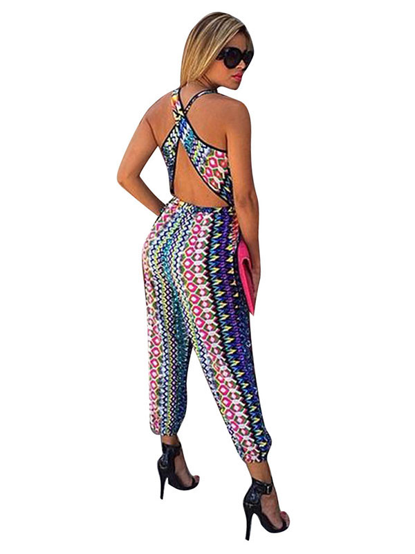 Women Backless Casual Print Loose Sleeveless Jumpsuit
