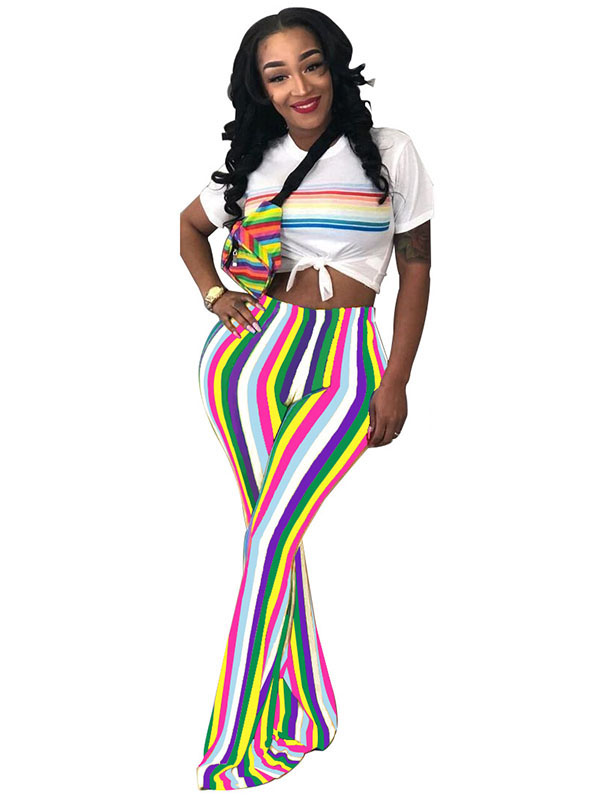 Women Flared High Waist Striped Pants White