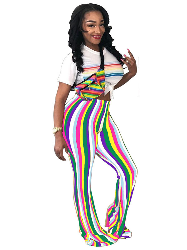 Women Flared High Waist Striped Pants White