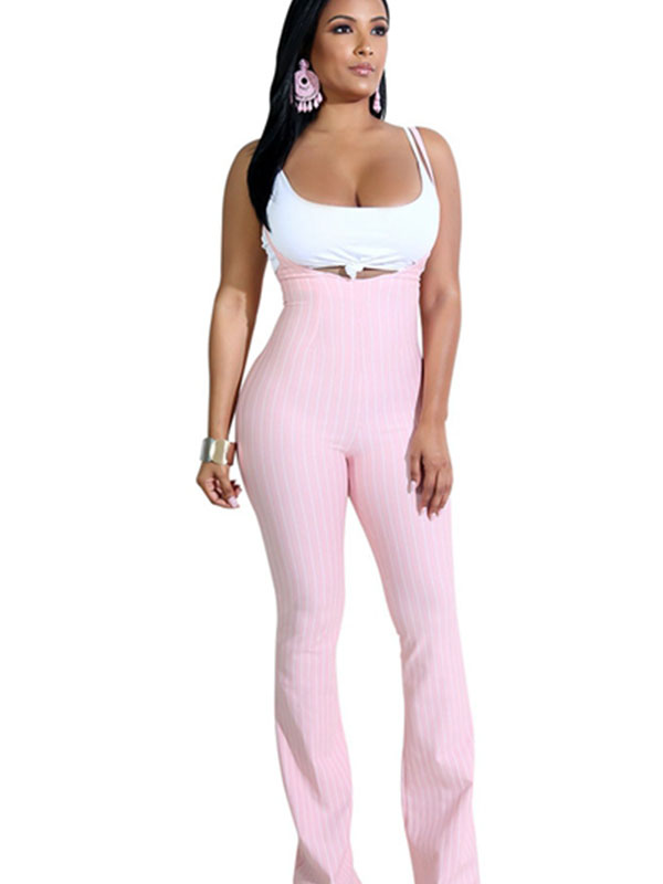 Women Stripe Sleeveless High Waist Jumpsuit Pink