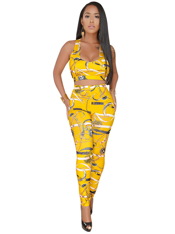 Yellow Cross Bandage Neck Tops And Pencil Pants Tracksuit