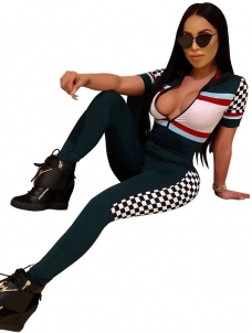 2018 Women Sport Style Front Zipper Short Sleeve Skinny Jumpsuit Green