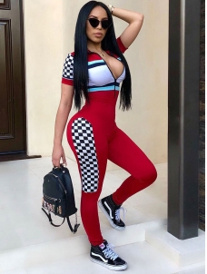 2018 Women Sport Style Front Zipper Short Sleeve Skinny Jumpsuit Red