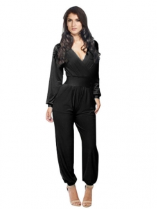 Black One Piece Jumpsuit Wide Leg V-Neck Long Sleeve Suit