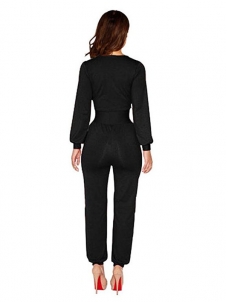 Black One Piece Jumpsuit Wide Leg V-Neck Long Sleeve Suit