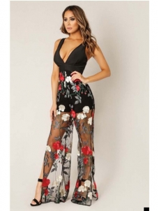Black Sleeveless Bandage Top Sheer Bottom Floral Print Jumpsuit 