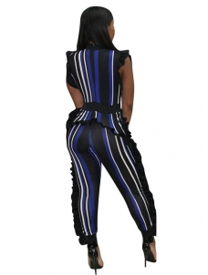 Dark Blue Sleeveless Ruffle Side Striped Jumpsuit Women