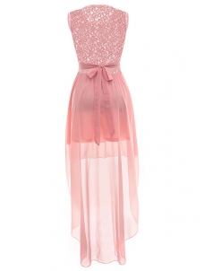 Fashion Elegant Sleeveless Floral Lace Evening Dress Pink