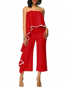 Fashion Flouncing Off The Shoulder Zip Jumpsuit Red