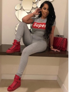 Front Letter Print Solid Short Sleeve Jumpsuit Gray