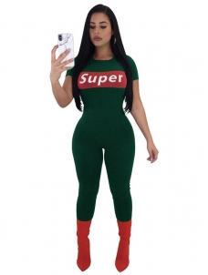Front Letter Print Solid Short Sleeve Jumpsuit Green