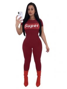 Front Letter Print Solid Short Sleeve Jumpsuit Red