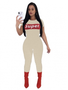 Front Letter Print Solid Short Sleeve Jumpsuit White