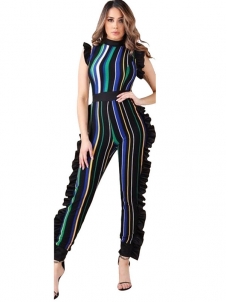 Green Sleeveless Ruffle Side Striped Jumpsuit Women