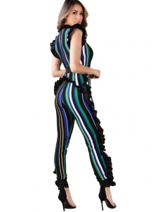 Green Sleeveless Ruffle Side Striped Jumpsuit Women