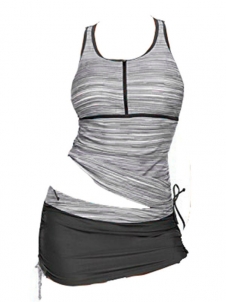 Grey 2Pcs Sleeveless Striped Top With Skirt Bikini Bottom Swimwear 