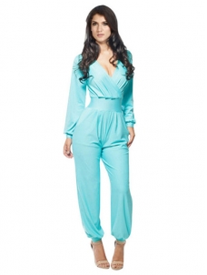 Light Blue One Piece Jumpsuit Wide Leg V-Neck Long Sleeve Suit