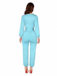 Light Blue One Piece Jumpsuit Wide Leg V-Neck Long Sleeve Suit