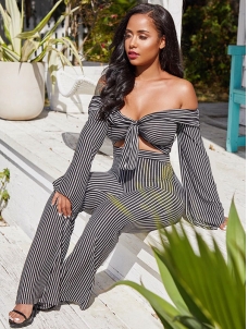 Lovely Sexy Bateau Neck Striped Grey Two Piece Pants Set