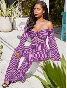 Lovely Sexy Bateau Neck Striped Purple Two Piece Pants Set