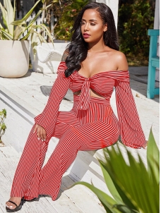Lovely Sexy Bateau Neck Striped Red Two Piece Pants Set
