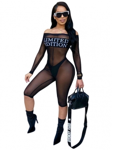 Off Shoulder Long Sleeve See Through Jumpsuit 