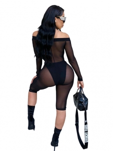 Off Shoulder Long Sleeve See Through Jumpsuit 