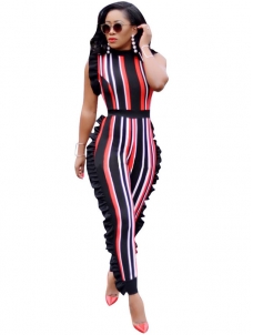Orange Sleeveless Ruffle Side Striped Jumpsuit Women