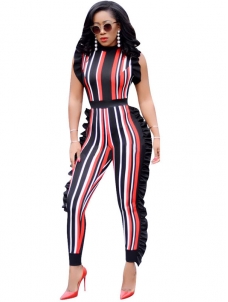 Orange Sleeveless Ruffle Side Striped Jumpsuit Women